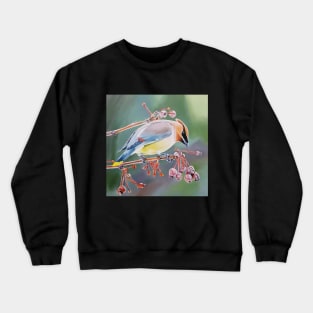 Cedar Waxwing with Crabapples - bird painting Crewneck Sweatshirt